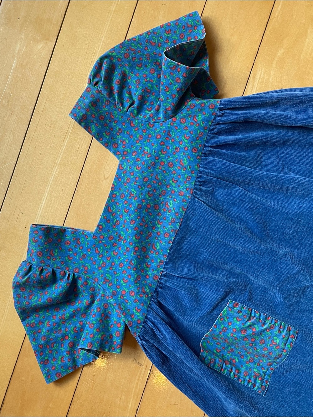 Handmade Floral and Corduroy Square Yoke Dress with Puff Sleeves